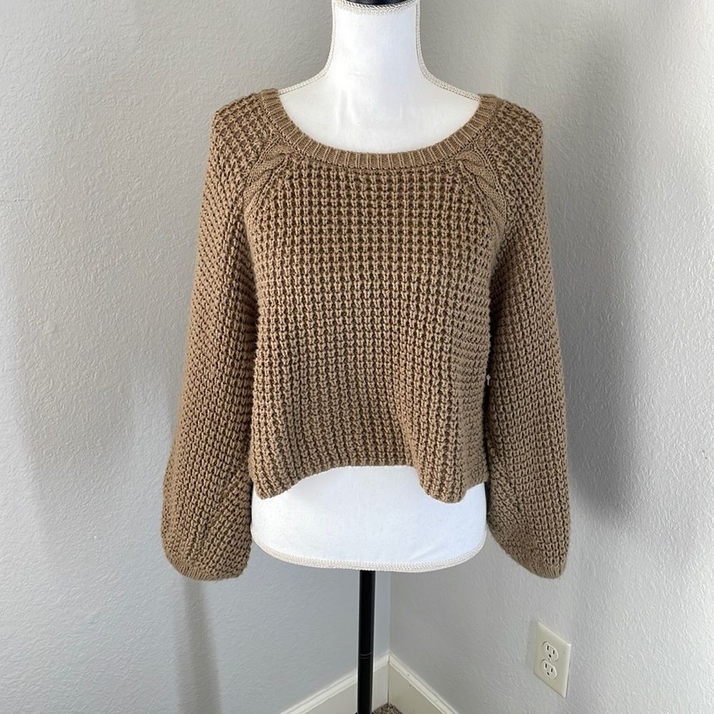 Cotton emporium brown chunky woven balloon sleeve cropped sweater size large